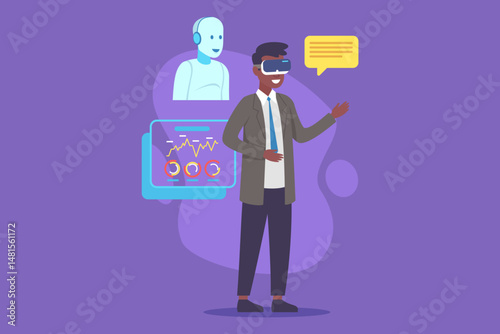 Person wearing augmented reality glasses interacting with virtual AI assistant, surrounded by digital graphs and data on purple background. Technology in communication concept