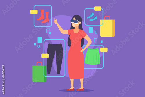 Woman engaged in virtual shopping experience, wearing VR goggles and exploring range of clothing items and accessories in colorful digital space