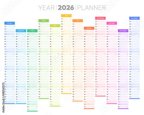 Year 2026 colorful calendar with daily agenda vector illustration. Schedule page journal, stationery calendar, organizer template with twelve months. Wall planner with space for personal notes