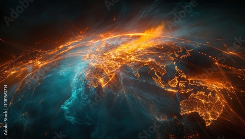 Fiery, glowing world map, swirling energy.  Continents ablaze with orange and turquoise light, radiating outwards