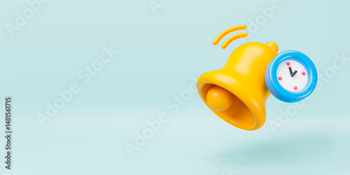 3d yellow bell with blue time counting timer. Realistic deadline alert reminder with ringing bell. Concept of time management and deadline. Notification symbol. Vector banner background