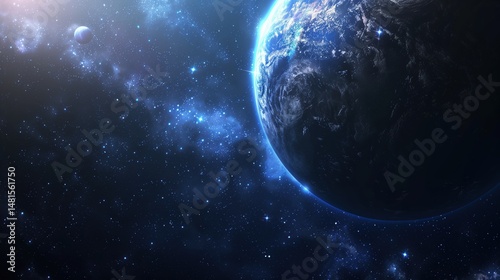 Bright star and colorful planet in space with cosmic universe background.

