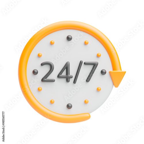 Customer service 3d icon. Realistic white clock face, 24 7 text on center and yellow arrow around. All day working concept. Vector symbol of client support, help, working hours isolated on white