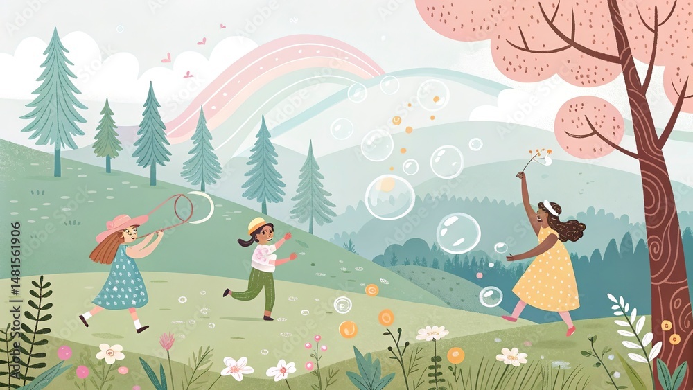 Obraz premium Playful creature lounges under rainbow trees, smiling.