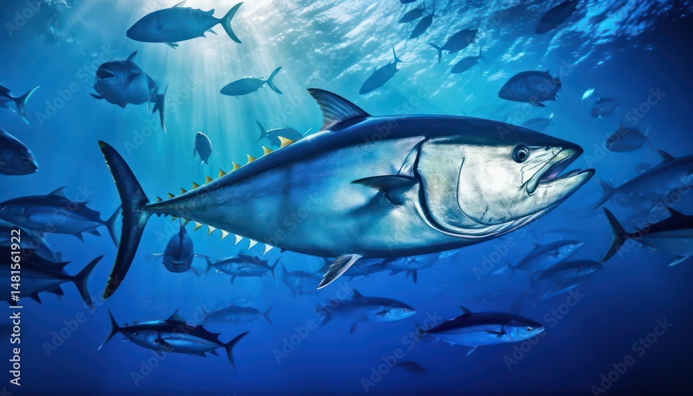 Naklejka premium Swarm of Bluefin Tuna in the middle of the blue ocean