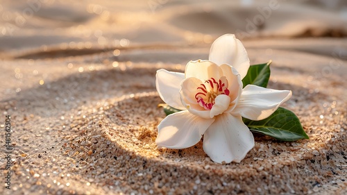 White Flower on Glittering Gray Sand with Circular Pattern