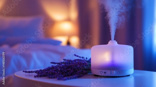 Aromatherapy diffuser with lavender on nightstand at twilight relaxing home ambiance for sleep and wellness with essential oils in bedroom background 
