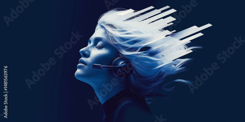 Profile of a woman wearing a headset with abstract digital art elements