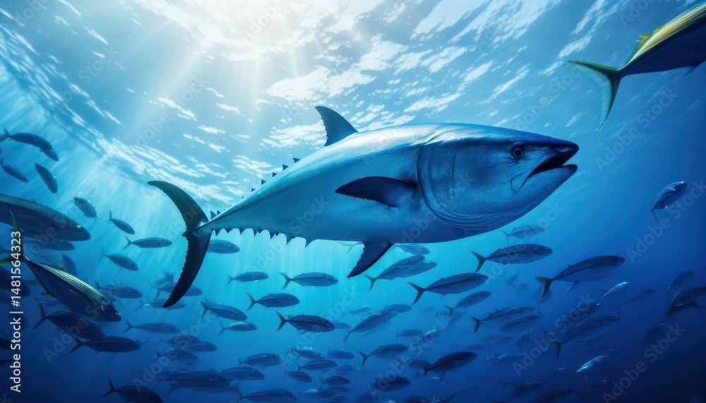 Naklejka premium Swarm of Bluefin Tuna in the middle of the blue ocean