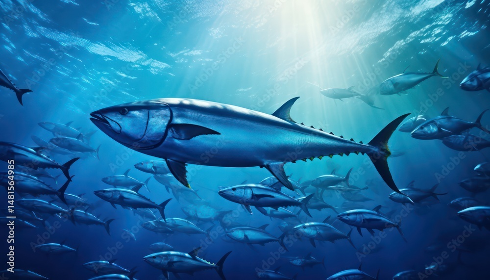 Obraz premium Swarm of Bluefin Tuna in the middle of the blue ocean