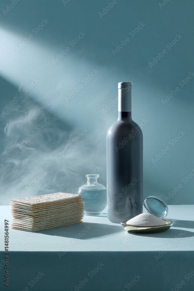 Fototapeta premium Last Day Of Passover Refined Minimalism Elegant Wine and Matzo Stilllife - Cultural Heritage Meets Contemporary Design for Premium Lifestyle Storytelling