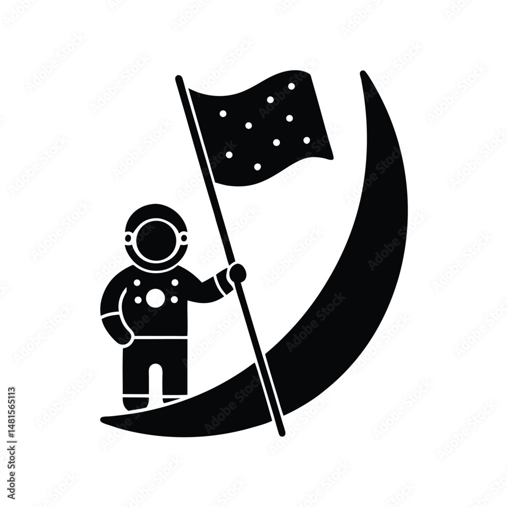 Fototapeta premium Astronaut plants flag on the moon vector illustration exploring space and lunar exploration concept isolated
