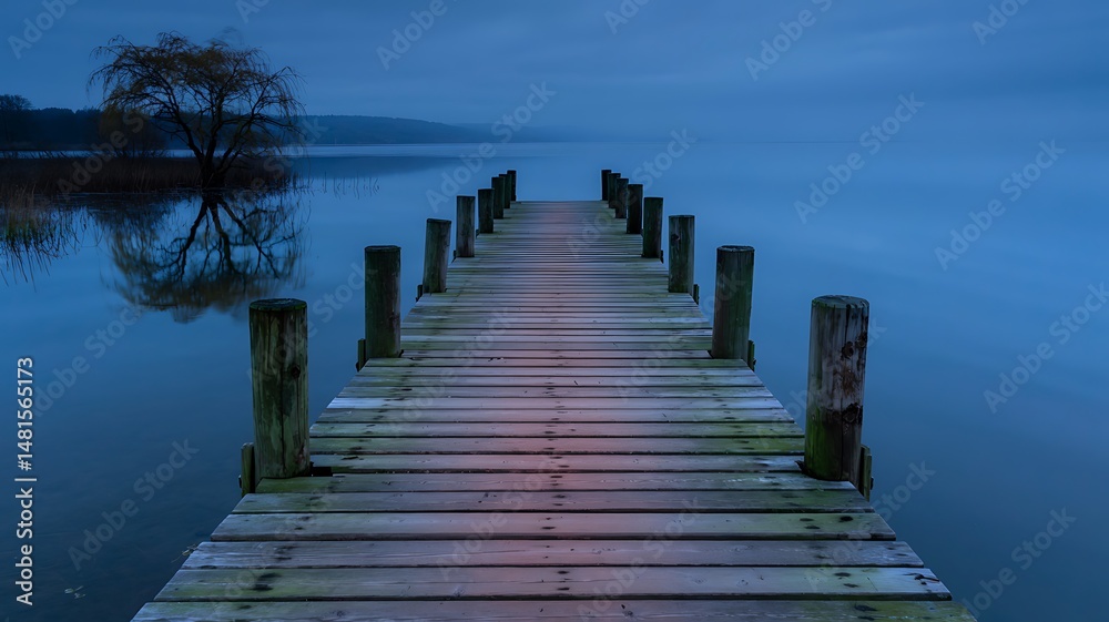 Fototapeta premium Wooden Dock Extending into Foggy Lake