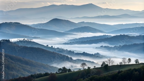 Misty mountain landscape serene hills nature photography early morning panoramic view tranquility and beauty