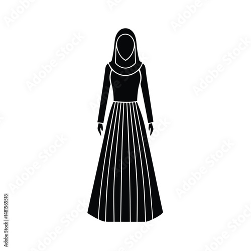 Silhouette illustration of a woman wearing traditional islamic clothing including a hijab and long dress.