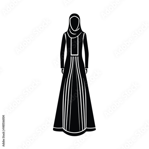 Minimalist silhouette illustration of an elegant arab woman wearing a hijab and long traditional dress in black and white