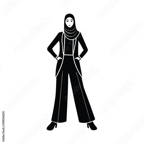 Elegant black and white illustration of a modern muslim woman wearing a stylish jumpsuit and hijab, full body pose.