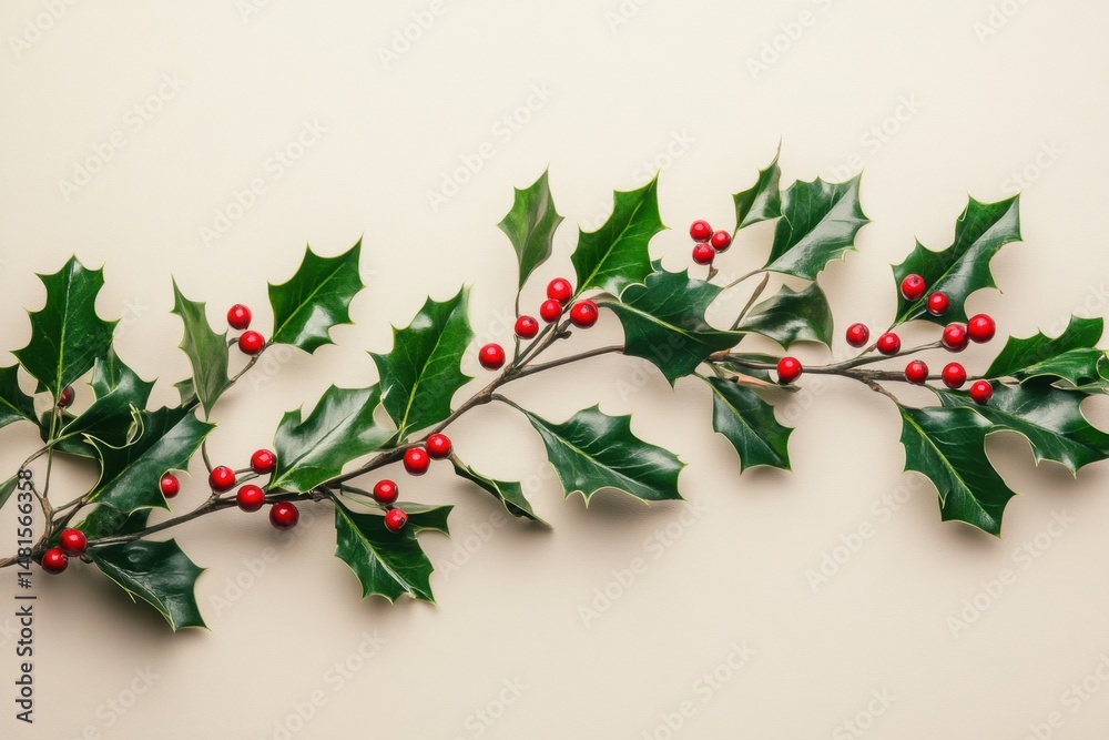 Fototapeta premium Festive holly branch arrangement flat lay on beige background holiday season decoration Christmas botanical style horizontal