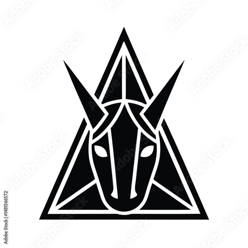 Abstract black and white design of a horse head within a triangular frame represents symbolism and mystery