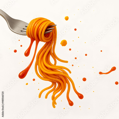 Fork Twisting Long Spaghetti Noodles with Tomato Sauce Droplets on White Background – Elegant Italian Pasta Illustration for Food Ads, Menus, and Culinary Designs