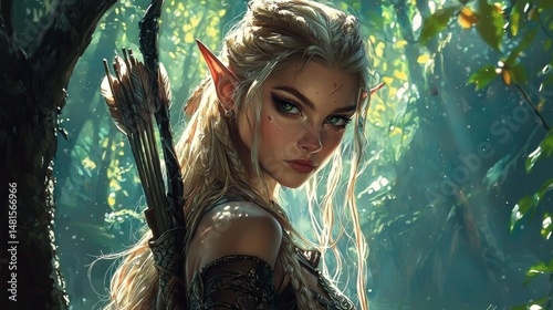 Powerful depiction of an elf warrior amidst magical surroundings. photo