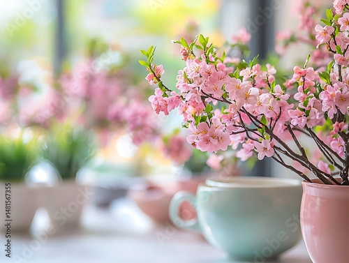 Delicate pink blossoms in a pastel-toned vase