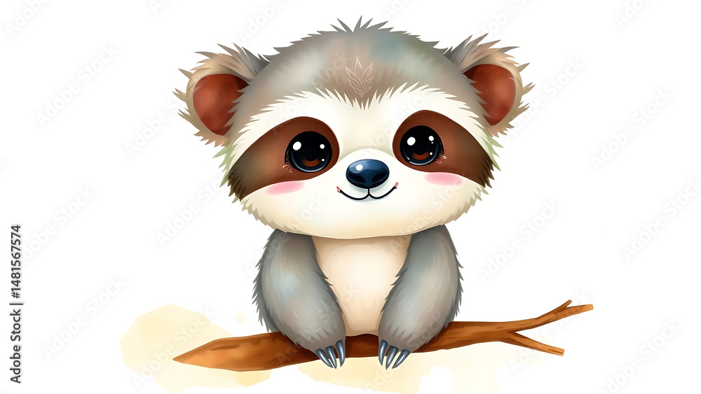Fototapeta premium Cute Watercolor Illustration of Adorable Fluffy Kid Sloth Doll with Soft Watercolor Background Perfect for Nursery Decor and Kids Gifts