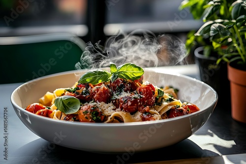 Hot pasta with cherry tomatoes photo