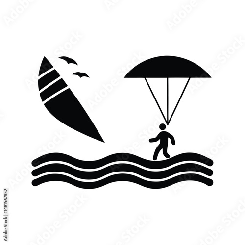 Illustration depicting a watersports theme showing parasailing kitesurfing and birds with wavy water outline