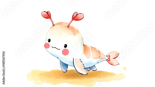 Cute Watercolor Illustration of Adorable Fluffy Kid Shrimp Doll with Soft Watercolor Background Perfect for Kids and Art Fans