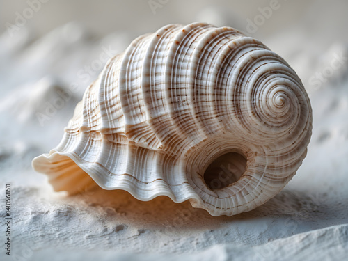Ocean's Whisper: A detailed study of a spiral seashell, showcasing the intricate patterns and textures of a nautical treasure found in a coastal landscape.