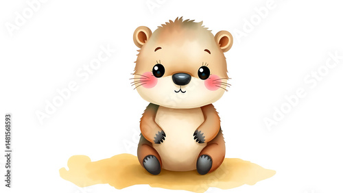 Cute Watercolor Illustration of Adorable Fluffy Kid Beaver Doll with Soft Watercolor Background Perfect for Kids and Nursery Decor