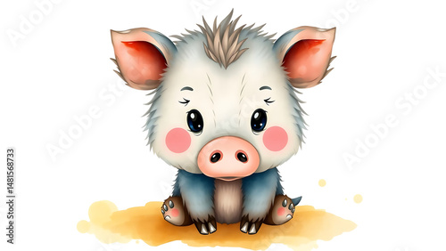 Cute Watercolor Illustration of Adorable Fluffy Kid Boar Doll with Soft Watercolor Background Perfect for Nursery Decor and Kids Gifts