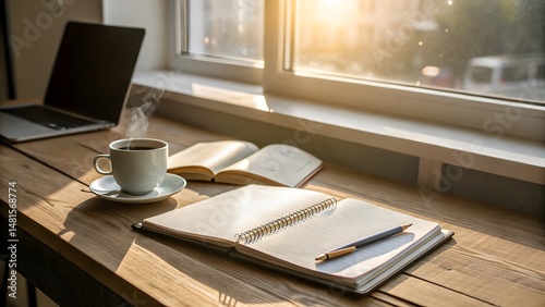 Morning productivity ritual home office workspace setup sunlit environment close-up view focus on inspiration