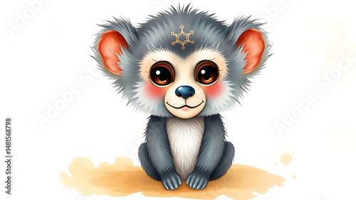 Cute Watercolor Illustration of Adorable Fluffy Kid Baboon Doll with Soft Watercolor Background Perfect for Nursery Decor and Kids Art Gifts
