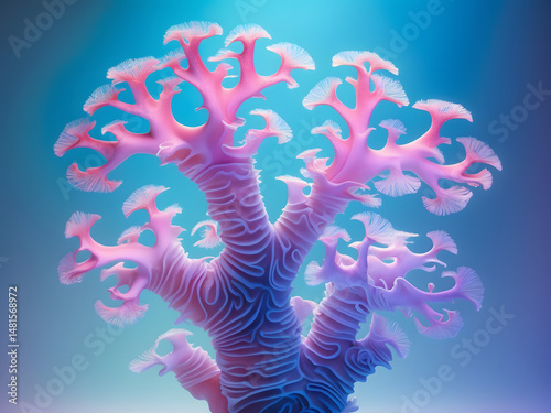 Exotic Coral: A close-up showcases a stunning, otherworldly coral formation, its intricate branches reaching towards the light, bathed in the serene hues of the deep ocean.