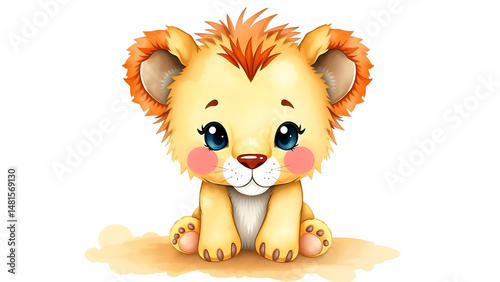Cute Watercolor Illustration of Adorable Fluffy Kid Lion Cub Doll with Soft Watercolor Background