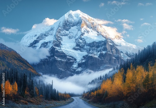 Majestic mountain peak, capped with snow, rises above a road winding through autumnal forest shrouded in mist.  Sunrise paints the scene in warm hues