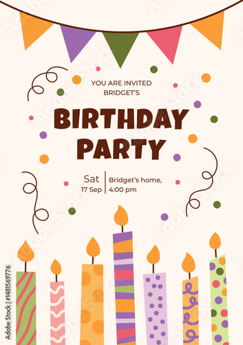 Kids birthday invitation in a cute flat style with hand drawn candles and confetti. Vector illustration for party.