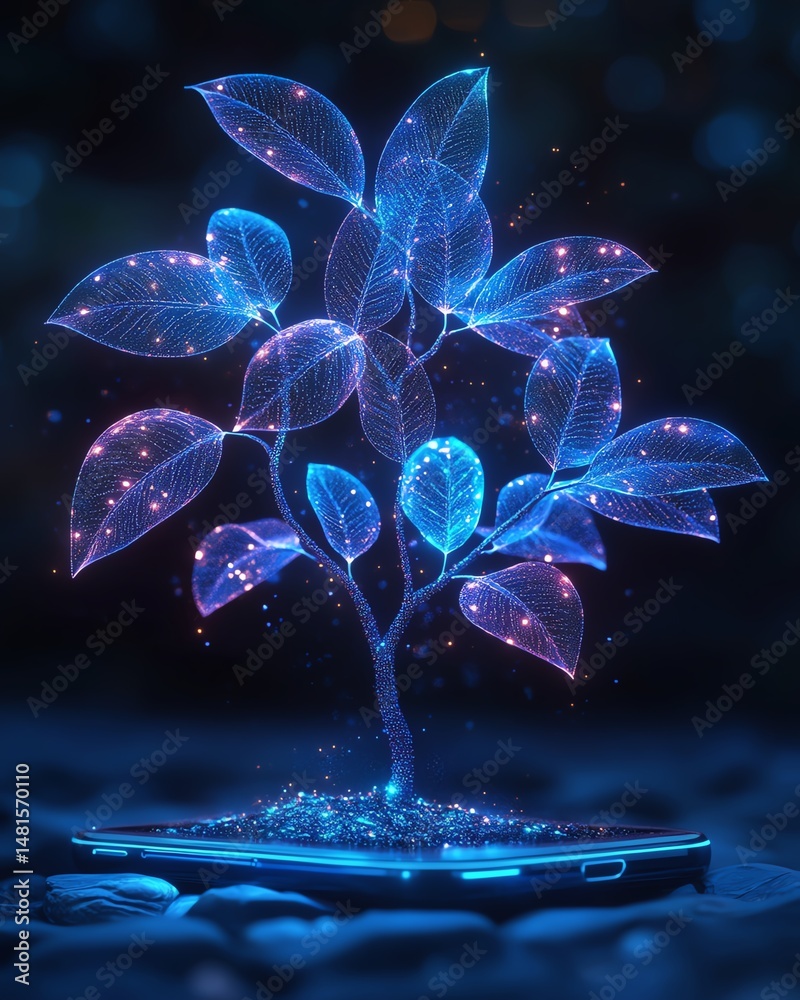 digital representation of vibrant tree sprouting from smartphone
