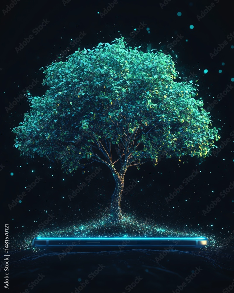 digital representation of vibrant tree sprouting from smartphone