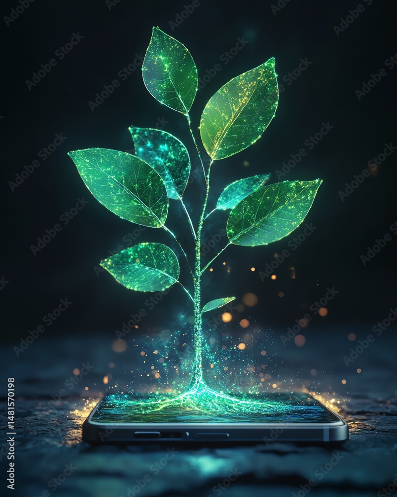 digital representation of vibrant tree sprouting from smartphone