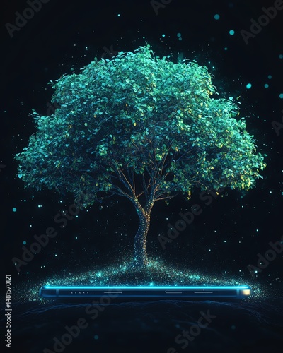 Obraz na płótnie digital representation of vibrant tree sprouting from smartphone w salonie