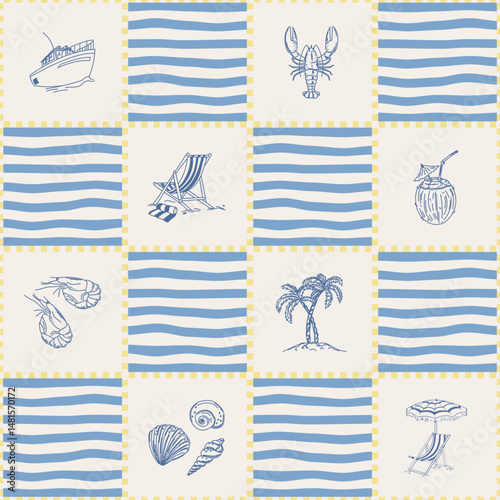 Seamless vector illustration on summer seashore and nautical elements. Lobster, seashell, ocean, palm tree, summer beach, shrimp, cocktail, boat. Tropical seamless background template for banner