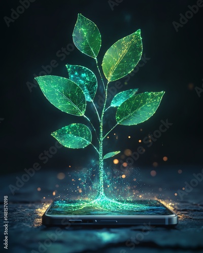 Obraz na płótnie digital representation of vibrant tree sprouting from smartphone w salonie