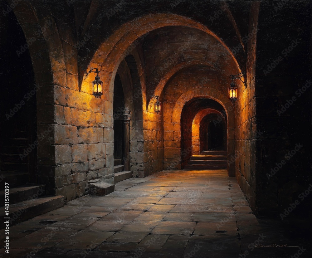 Obraz premium Ancient stone corridor with dim lantern lighting.