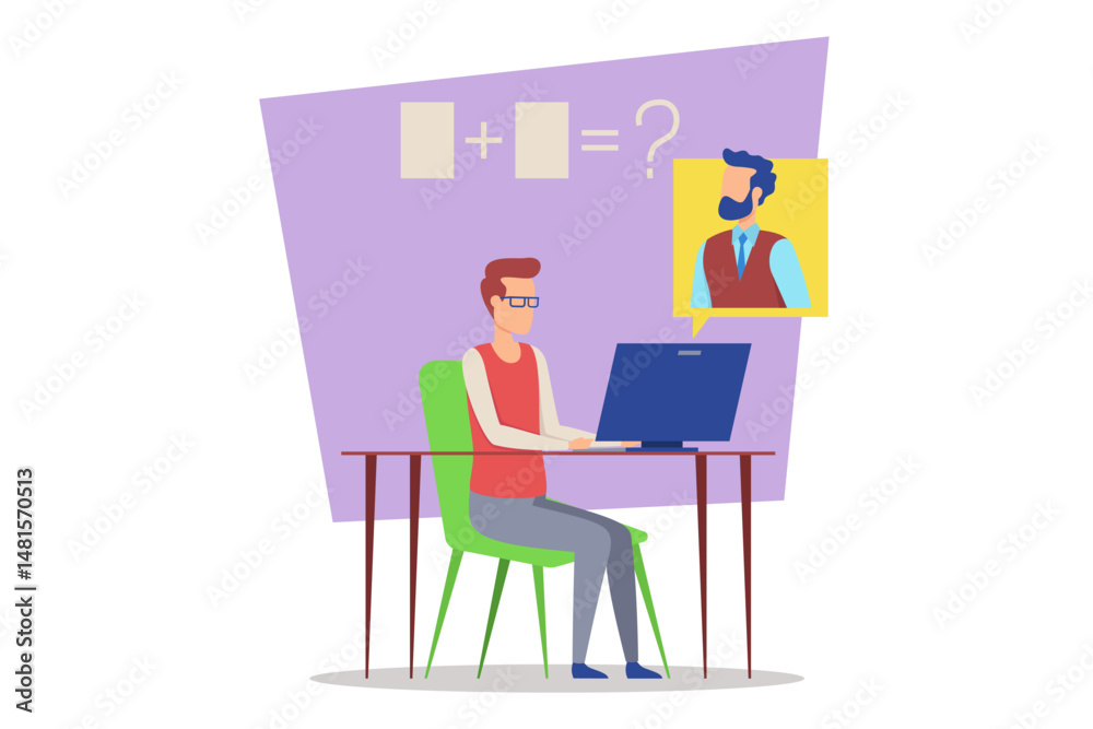 Student engaged in online tutoring session, using laptop to solve math problem while receiving guidance from teacher via video chat Student engaged in online tutoring session, using laptop to solve math problem while receiving guidance from teacher via video chat