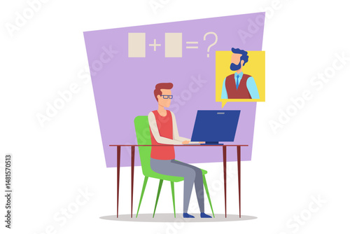 Student engaged in online tutoring session, using laptop to solve math problem while receiving guidance from teacher via video chat