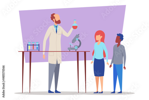 Scientist in lab coat showing experiment to two students, one male and one female, in well-equipped laboratory. People engaged and curious about demonstration