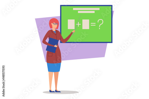 Teacher standing in front of green chalkboard, using pointer to explain addition concepts. Students learning essential math skills in vibrant classroom environment